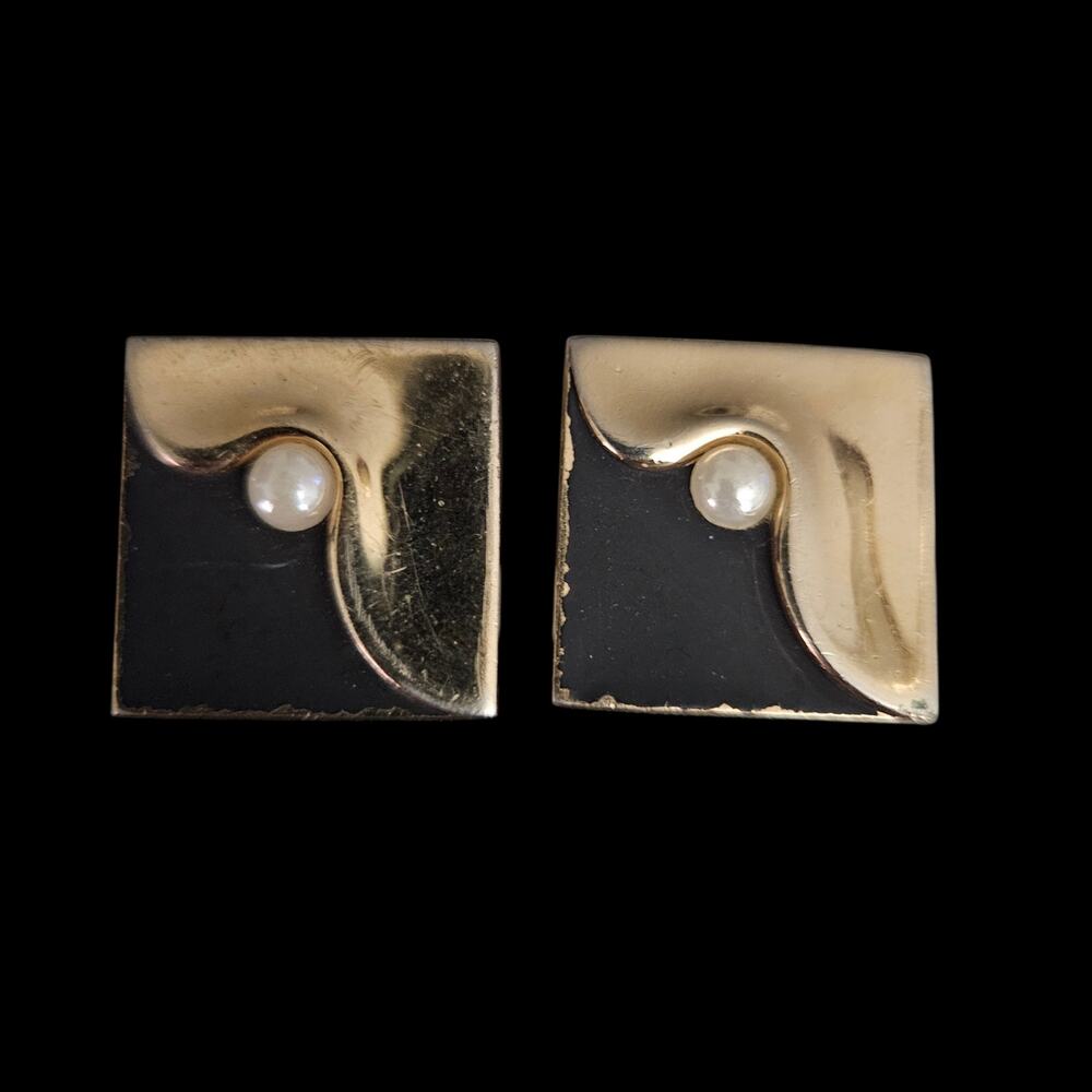 Vintage Swank Gold Tone Square Faux Pearl Cufflinks Geometric Mid Century